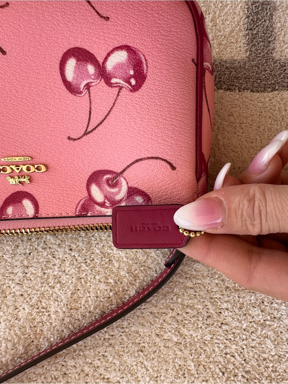Coach Pink Cherry Print Leather Crossbody Wallet with Gold Hardware - Picture 7 of 10
